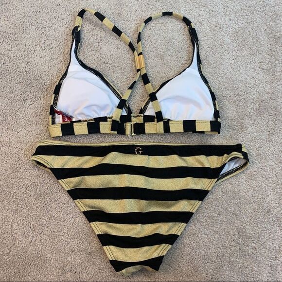 Guess gold glitter and black striped bikini Sz S - Picture 3 of 8